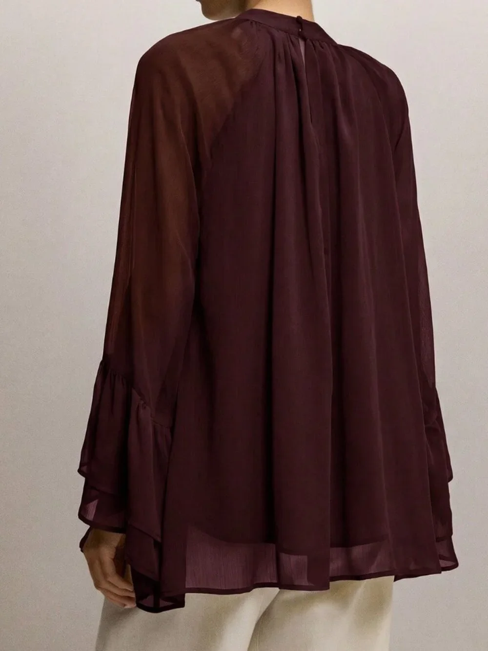 Brown Elegant Women's Minimalist Loose Pleated Flare Sleeve Blouse